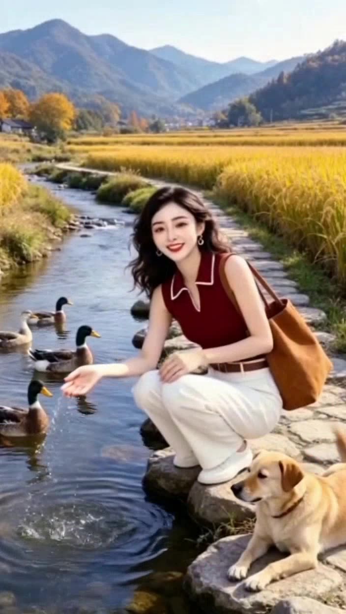 即梦治愈系视频：女子溪边泼水逗鸭狗，互动感十足｜提示词解析