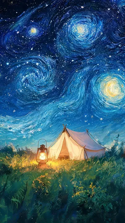 即梦：梵高星空下的露营地 | 这背景氛围感拉满，制作人参考
