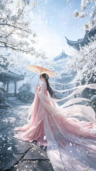 即梦作品分享：这光影和裙摆细节，学到了镜头语言｜古典园林雪景