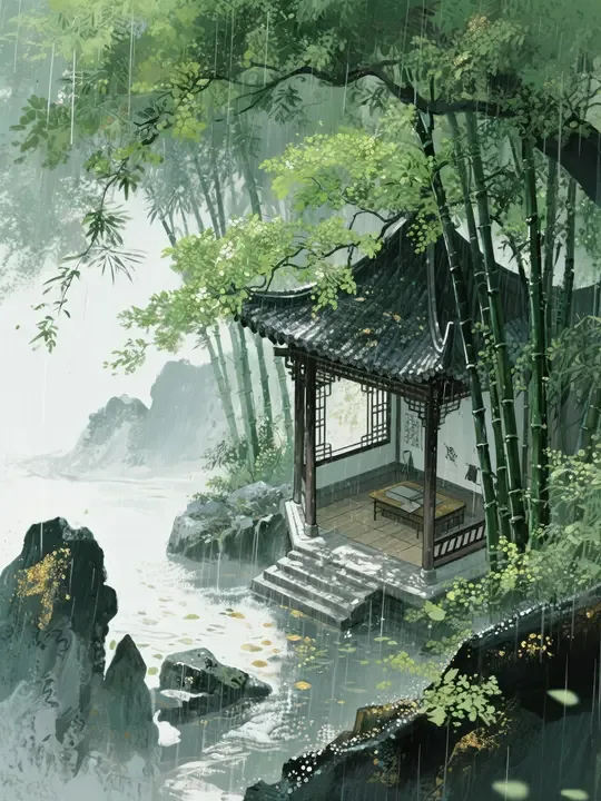 即梦国风亭阁雨景 | 氛围感和水墨笔触怎么调出来的