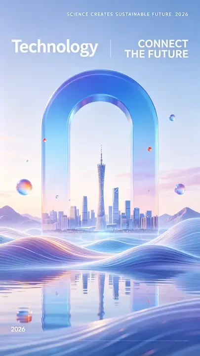 即梦社区发现的科技峰会海报｜渐变蓝白与玻璃折射的未来感构图