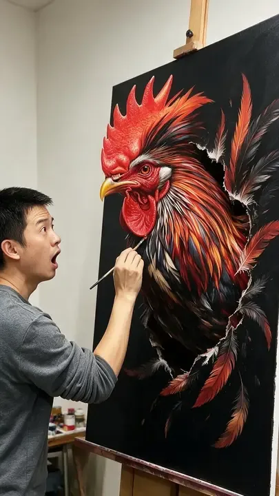 即梦社区的创意：画中公鸡活了！线条色彩皆精彩