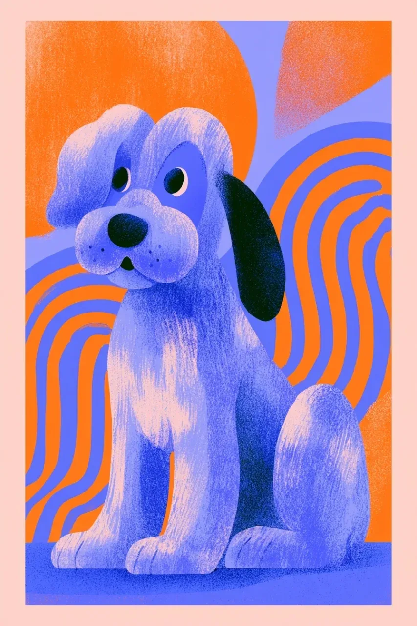 Midjourney卡通小狗撞色插画：线条与构图的平衡感