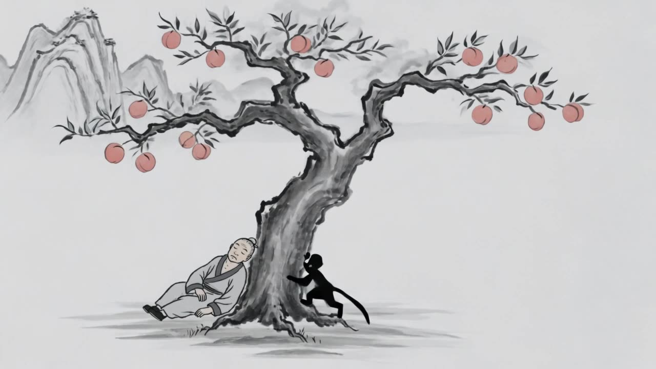 可灵《偷桃》水墨动画 | 简洁构图提升提案效率