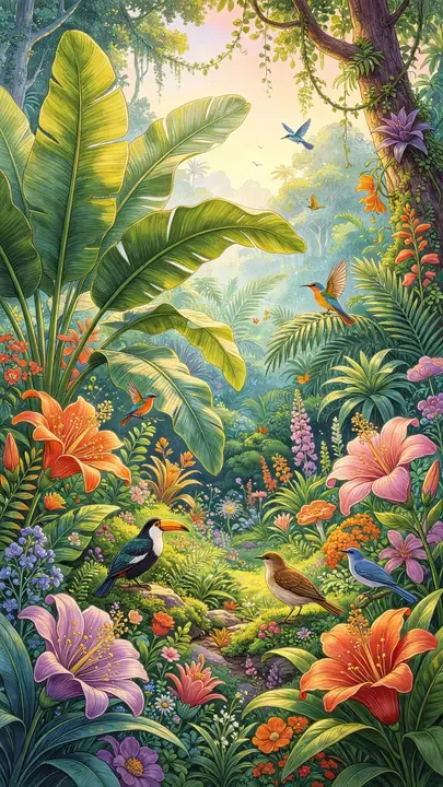 即梦美图分享 | 钢笔画风的梦幻雨林，好多可爱小鸟呀