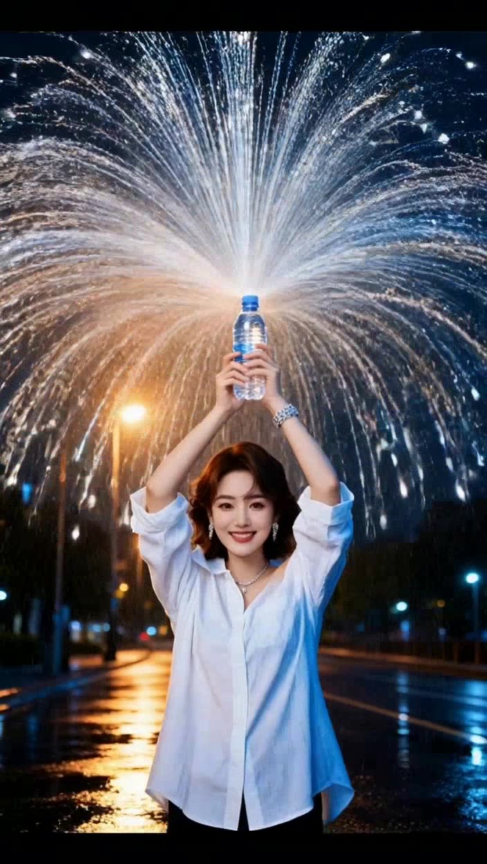 即梦视频分享 | 夜晚街头喷水花女孩，动态水花和光影都好棒